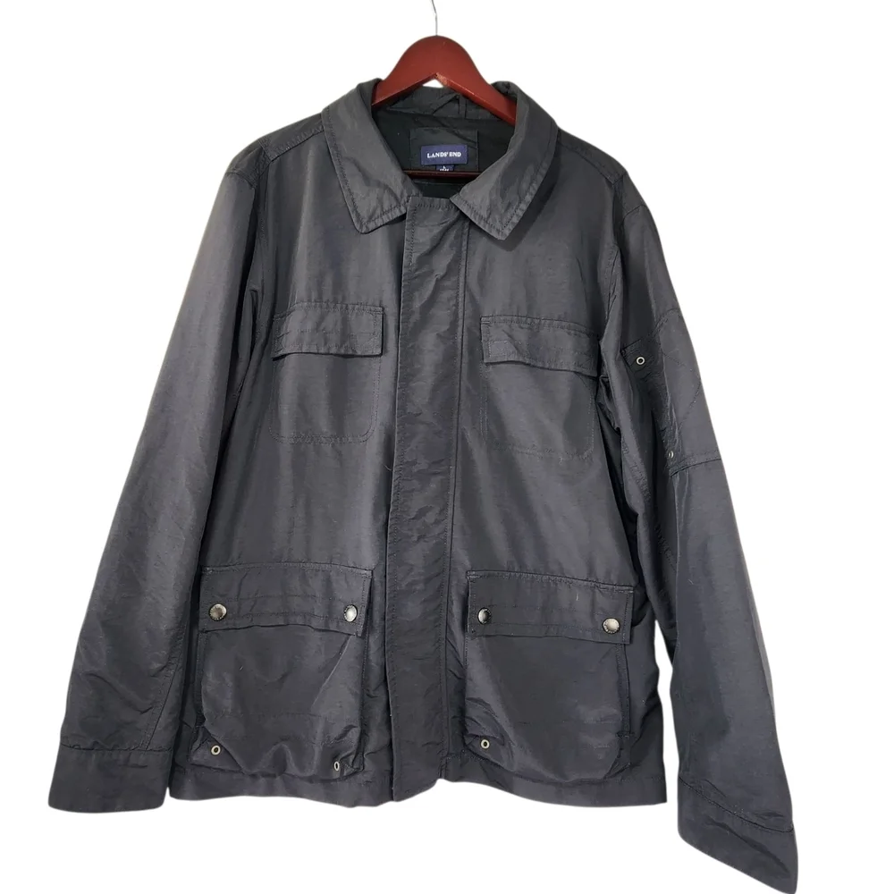 Lands' End Men's Black Jacket Lightweight Utility Large Rain Wind